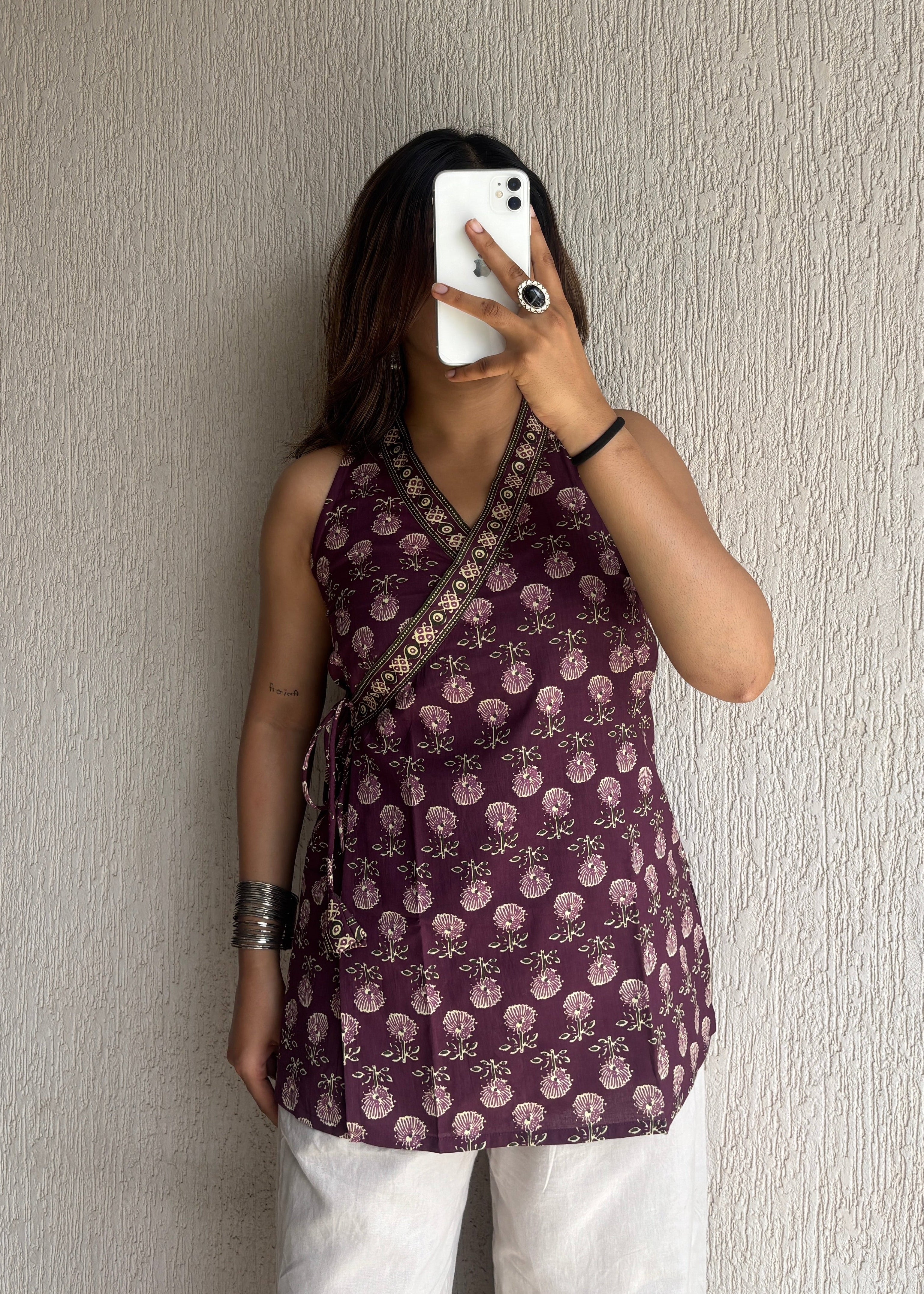 Plum sleeveless wrap-tie short kurti