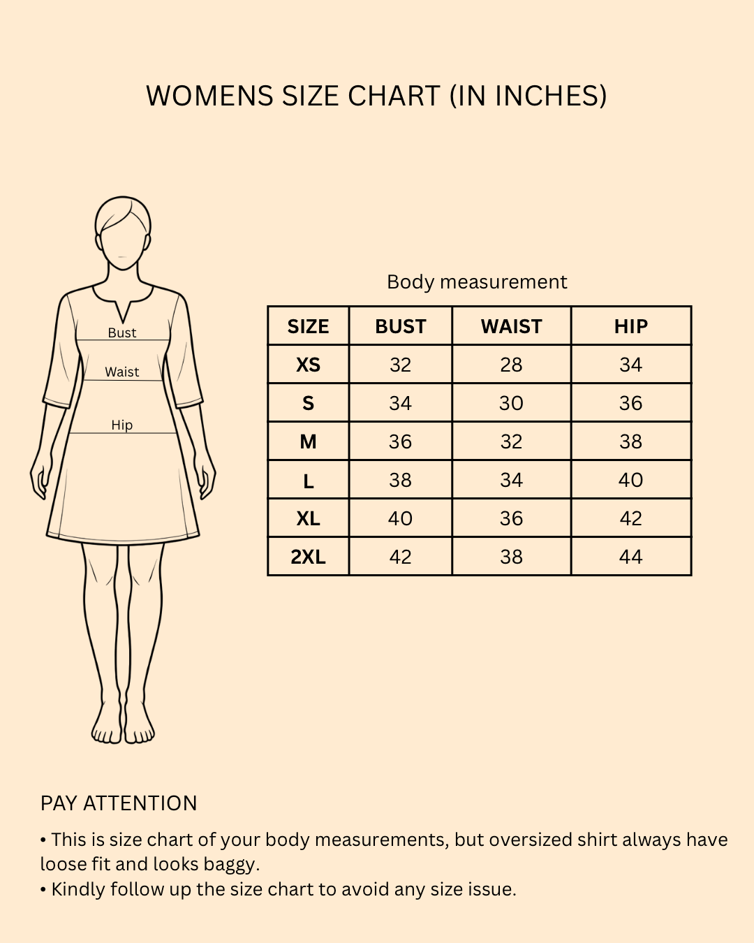 Size chart for Chocolate oversized shirt