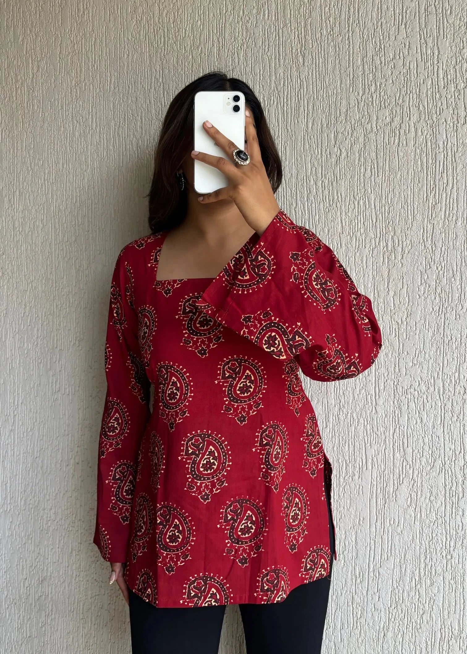 Red square neck cotton short kurti