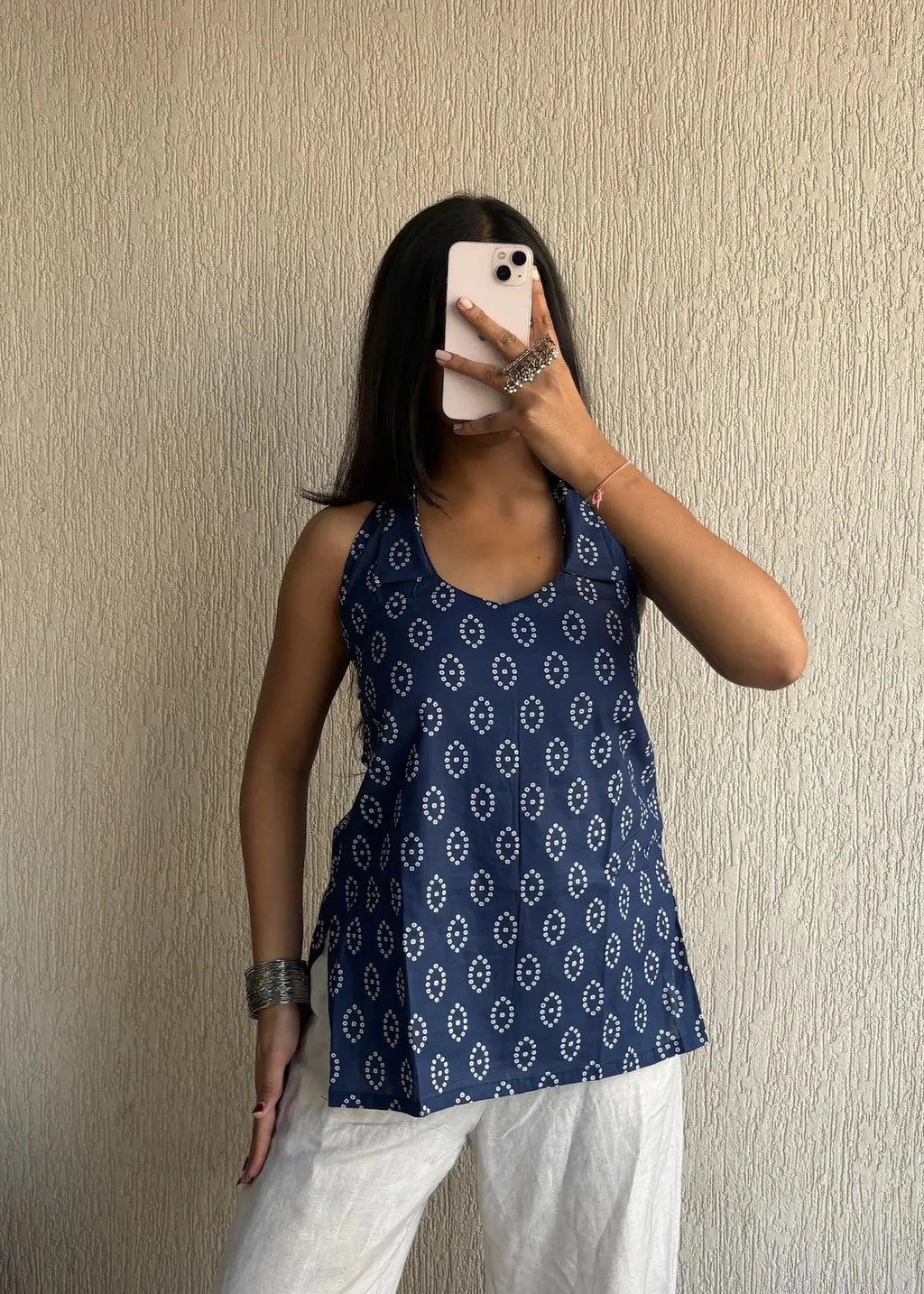 Blue bandhani backless cotton short kurti