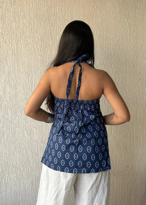 Blue bandhani backless cotton short kurti