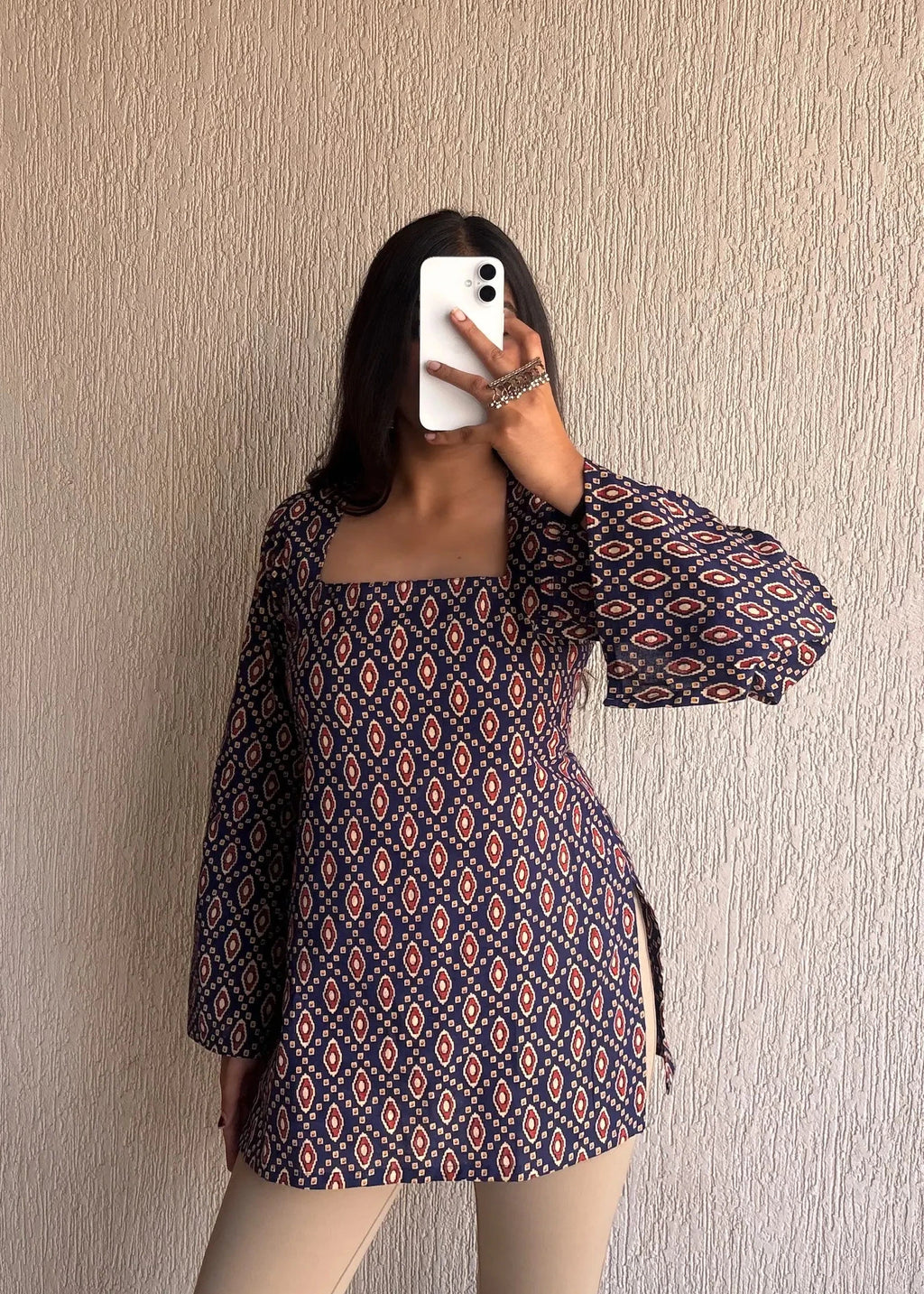 Geometric Square neck cotton short kurti