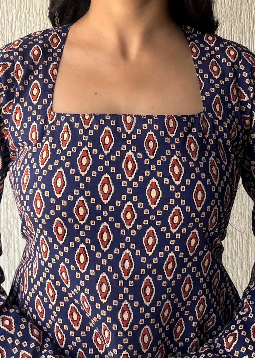 Geometric Square neck cotton short kurti