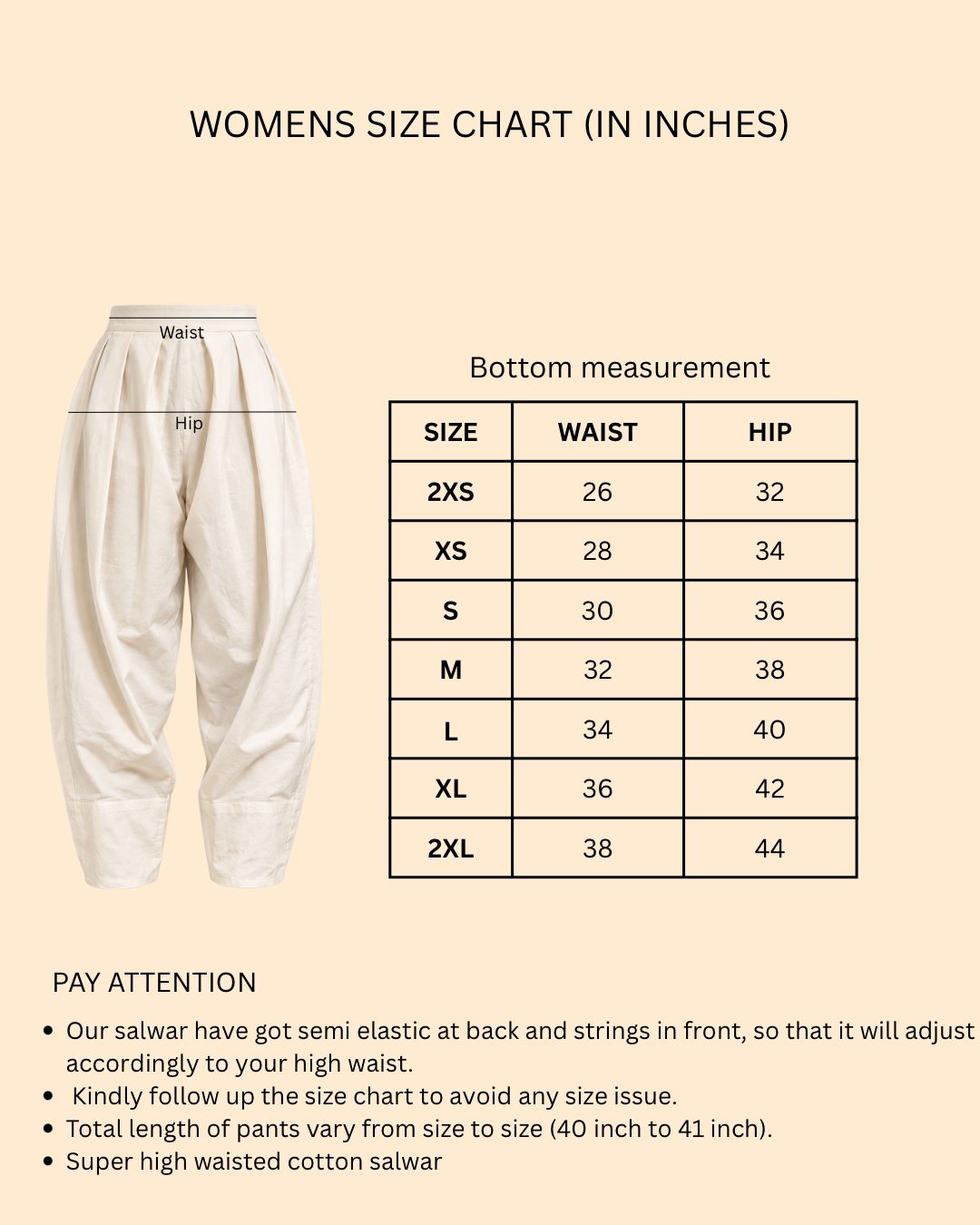 Size chart for Cotton Farshi salwar High waisted