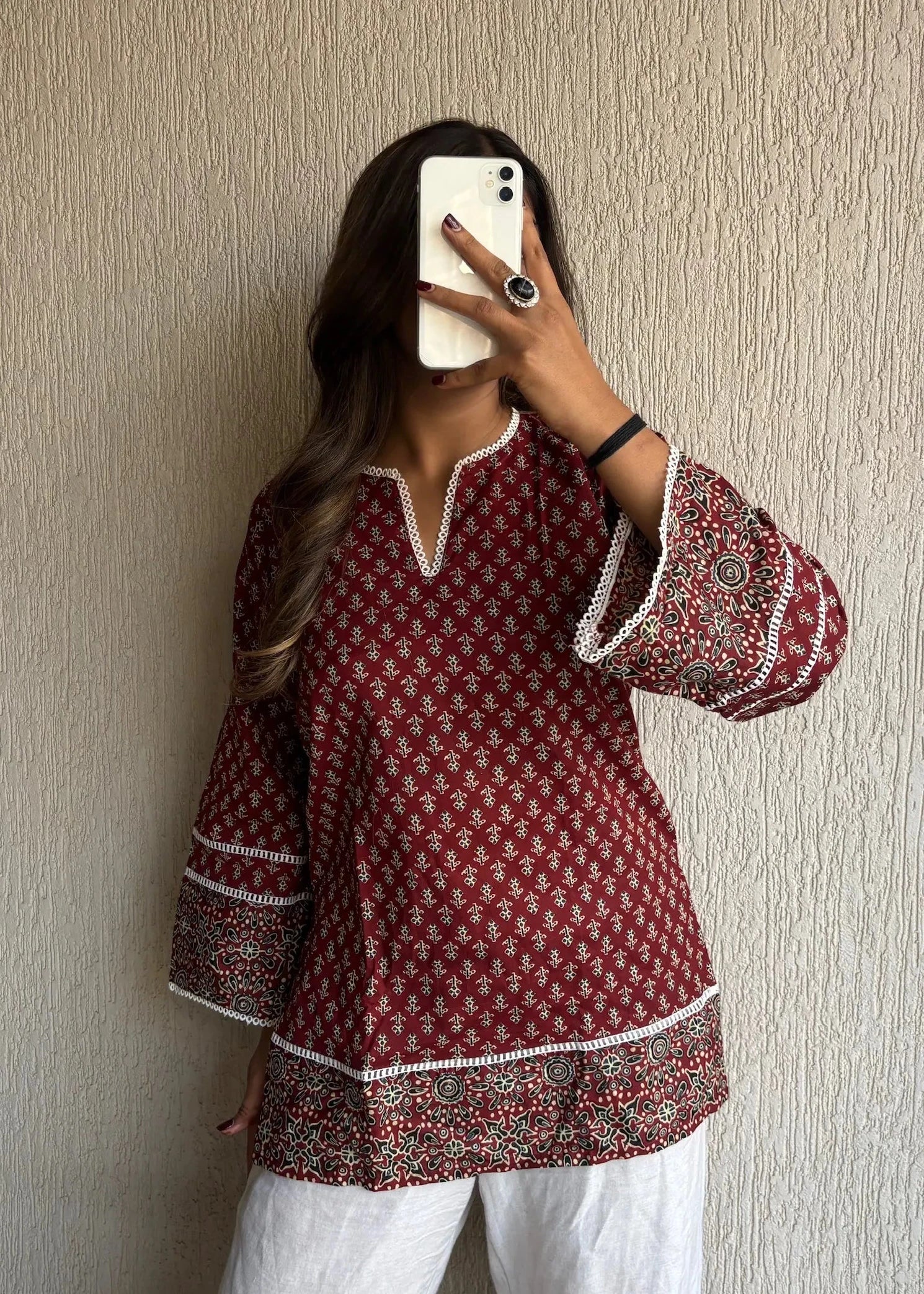 Heritage maroon cotton short kurti – KUDDI