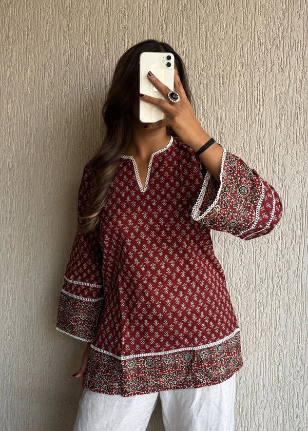 Heritage maroon cotton short kurti