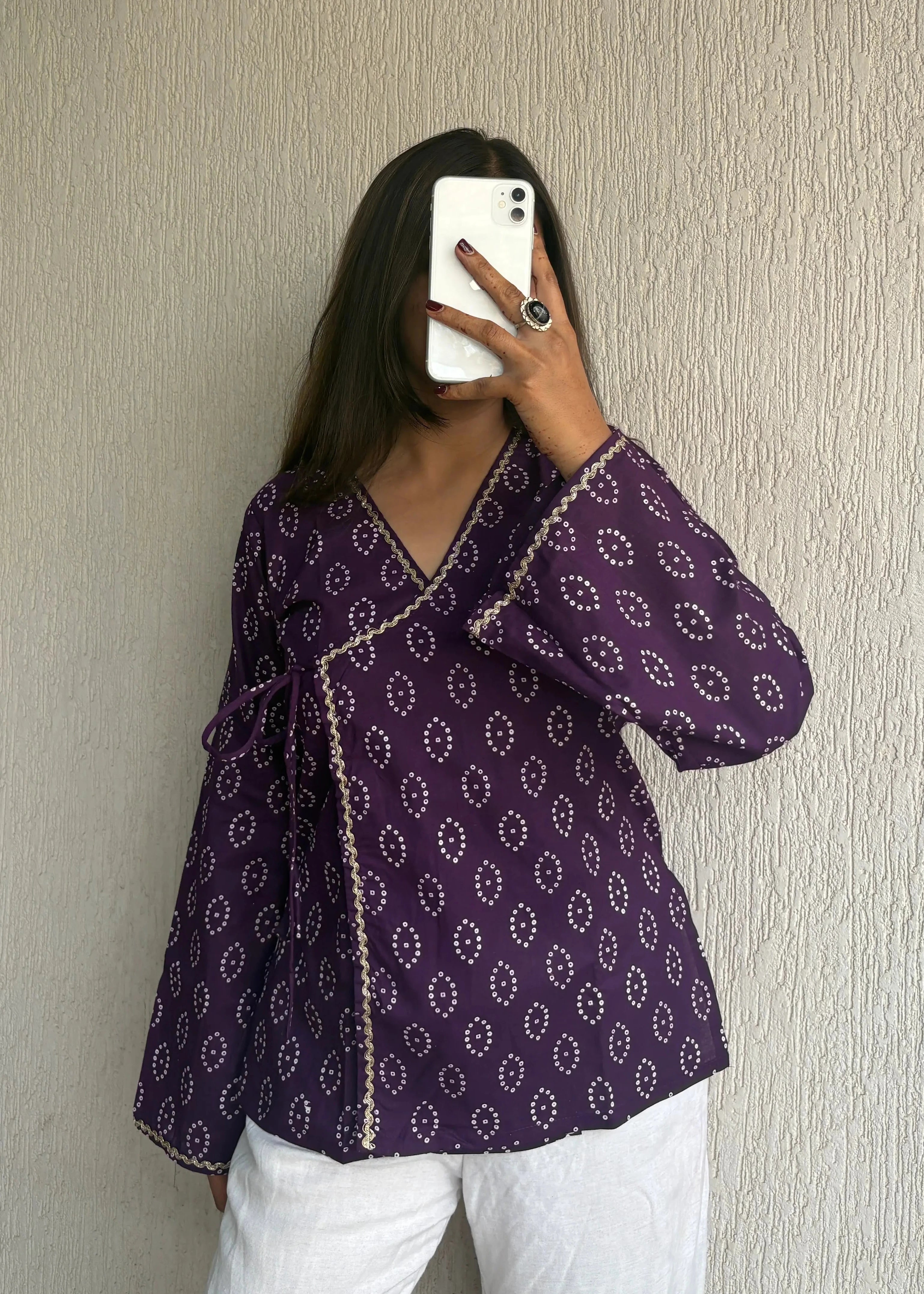Deep purple bandhani wrap-tie short kurti