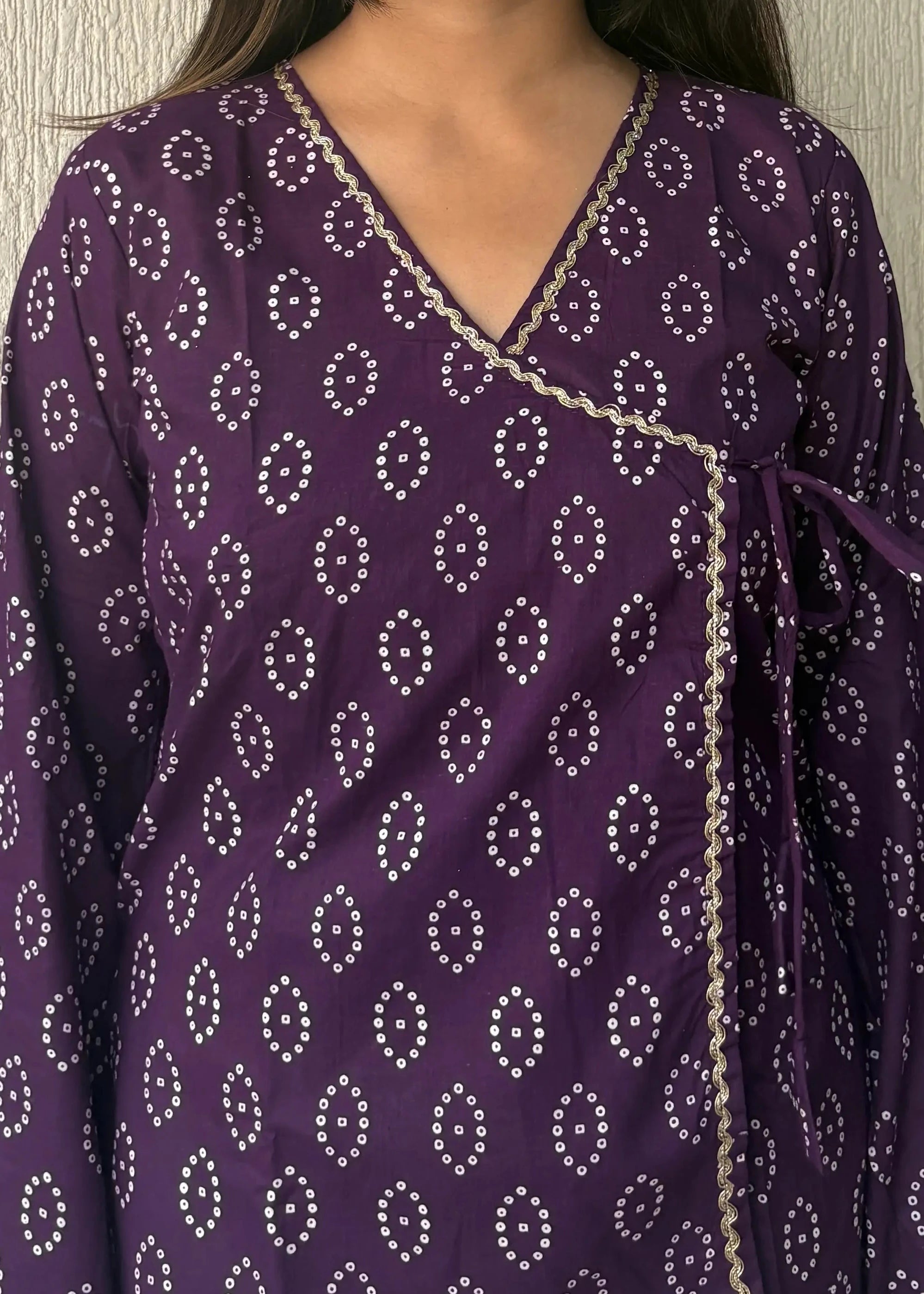 Deep purple bandhani wrap-tie short kurti