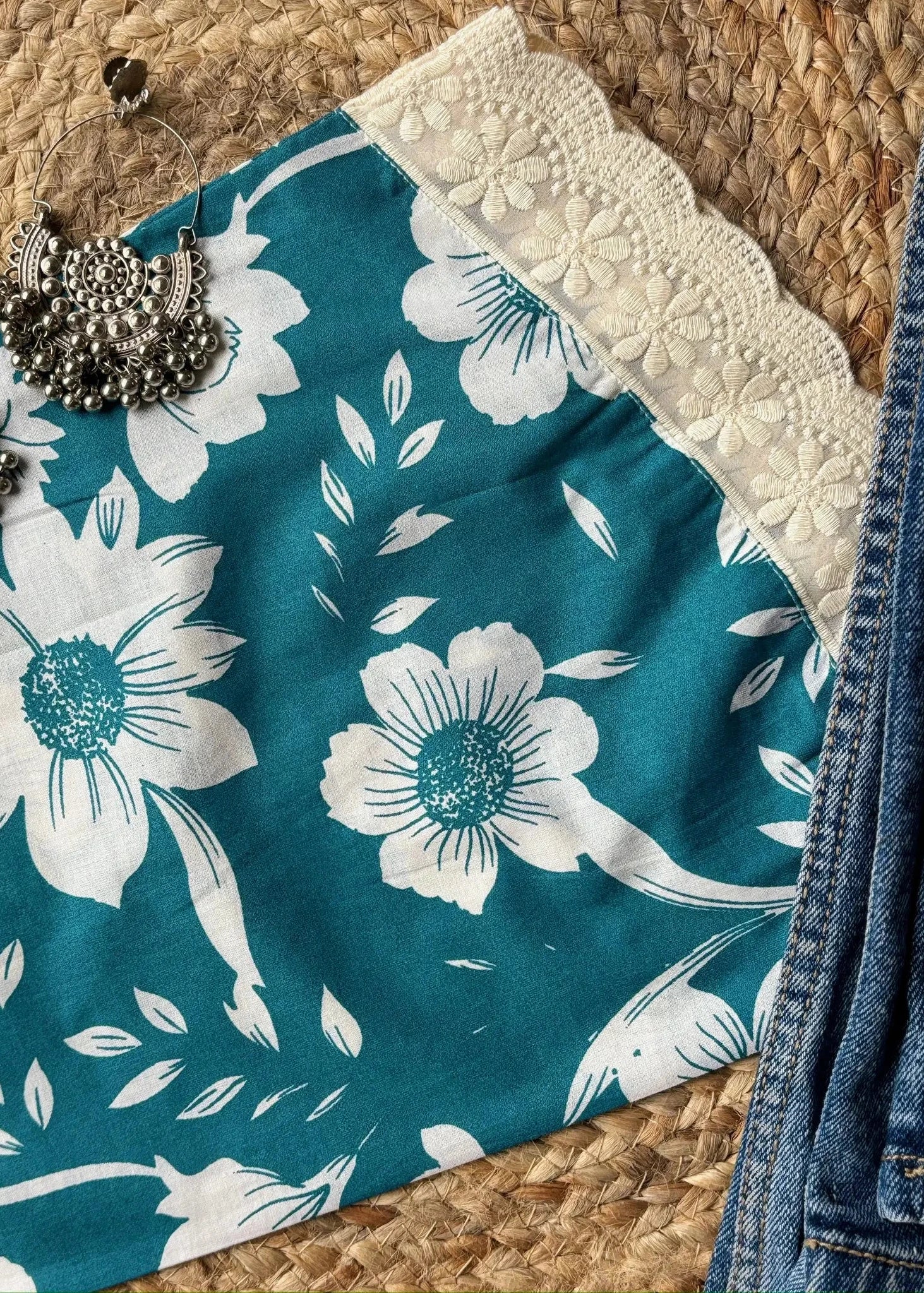 Teal bell sleeves cotton short kurti
