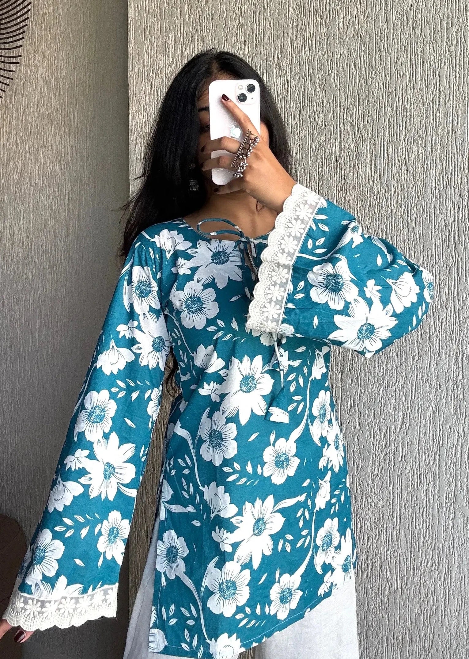Teal bell sleeves cotton short kurti