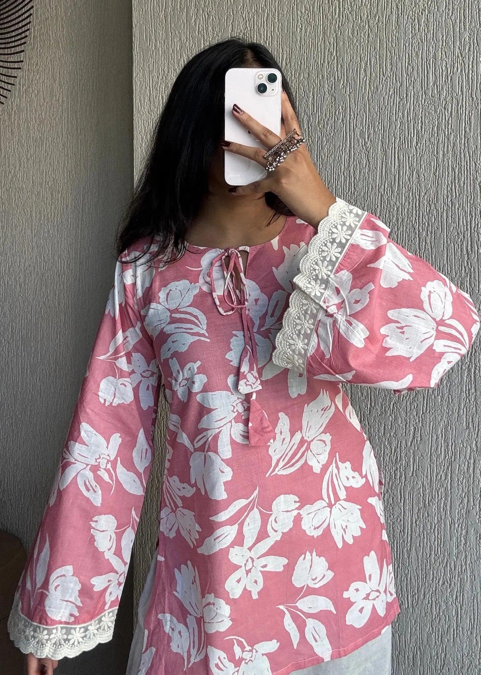 Light pink bellsleeves cotton short kurti