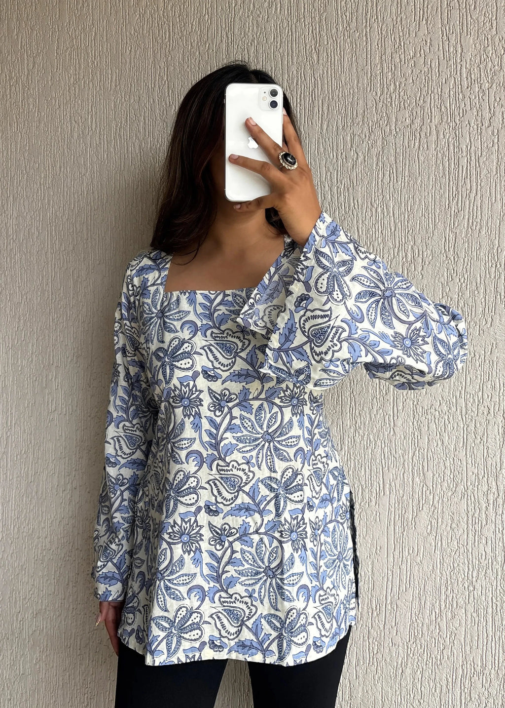 White base square neck cotton short kurti