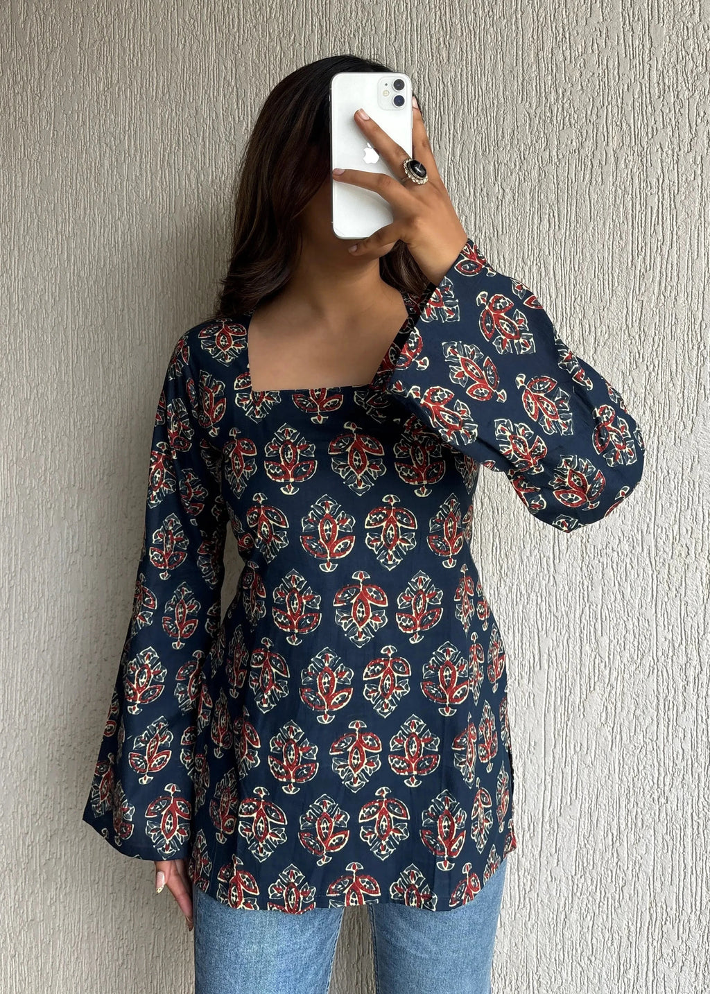 Navy blue square neck cotton short kurti