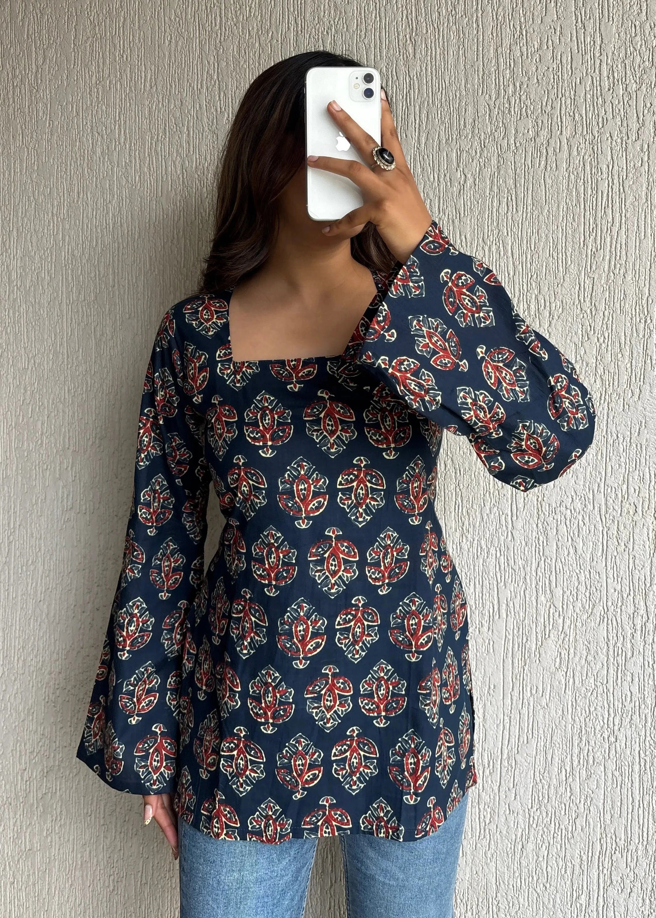 Navy blue square neck short kurti