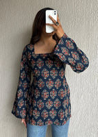 Navy blue square neck cotton short kurti