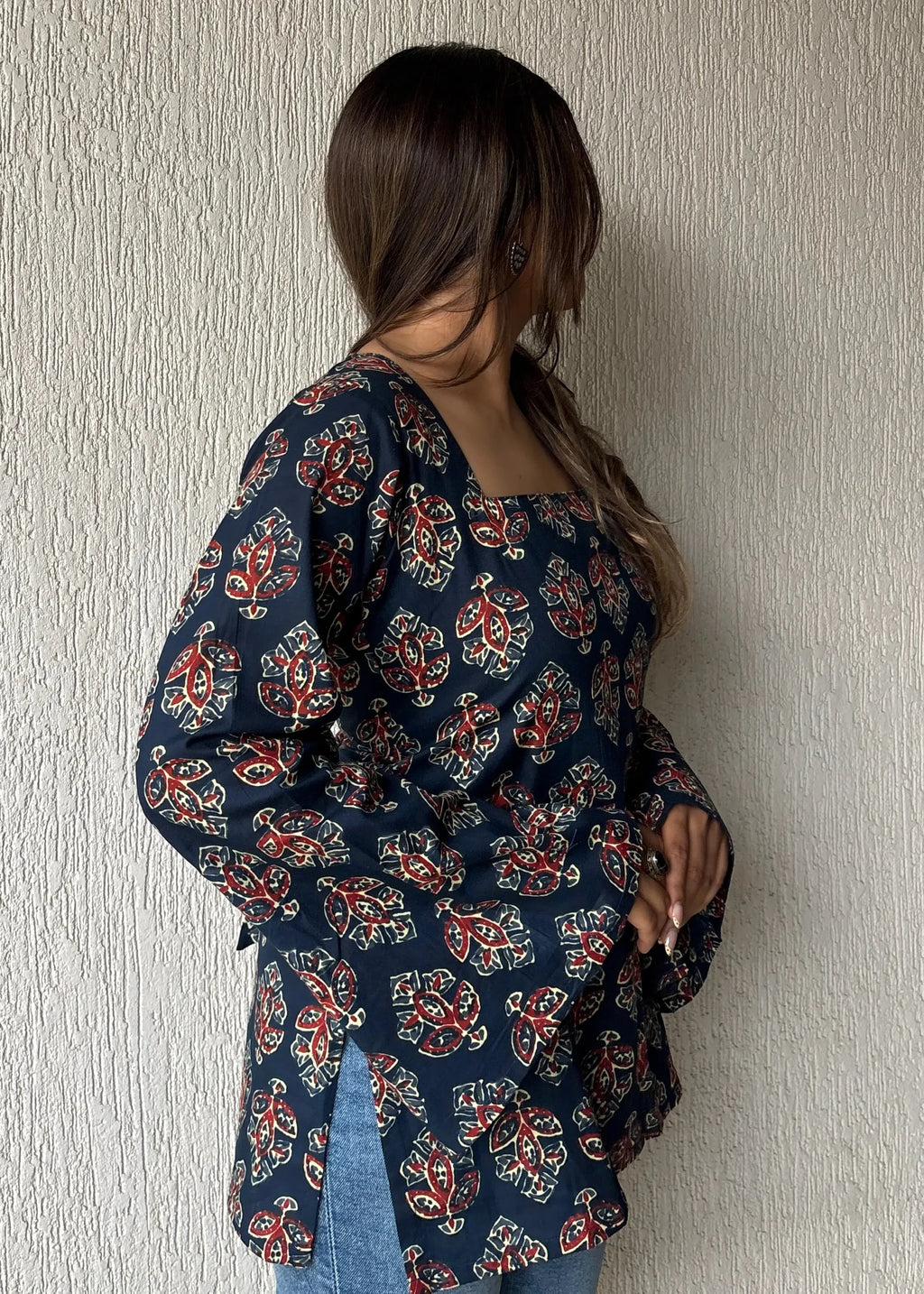 Navy blue square neck cotton short kurti
