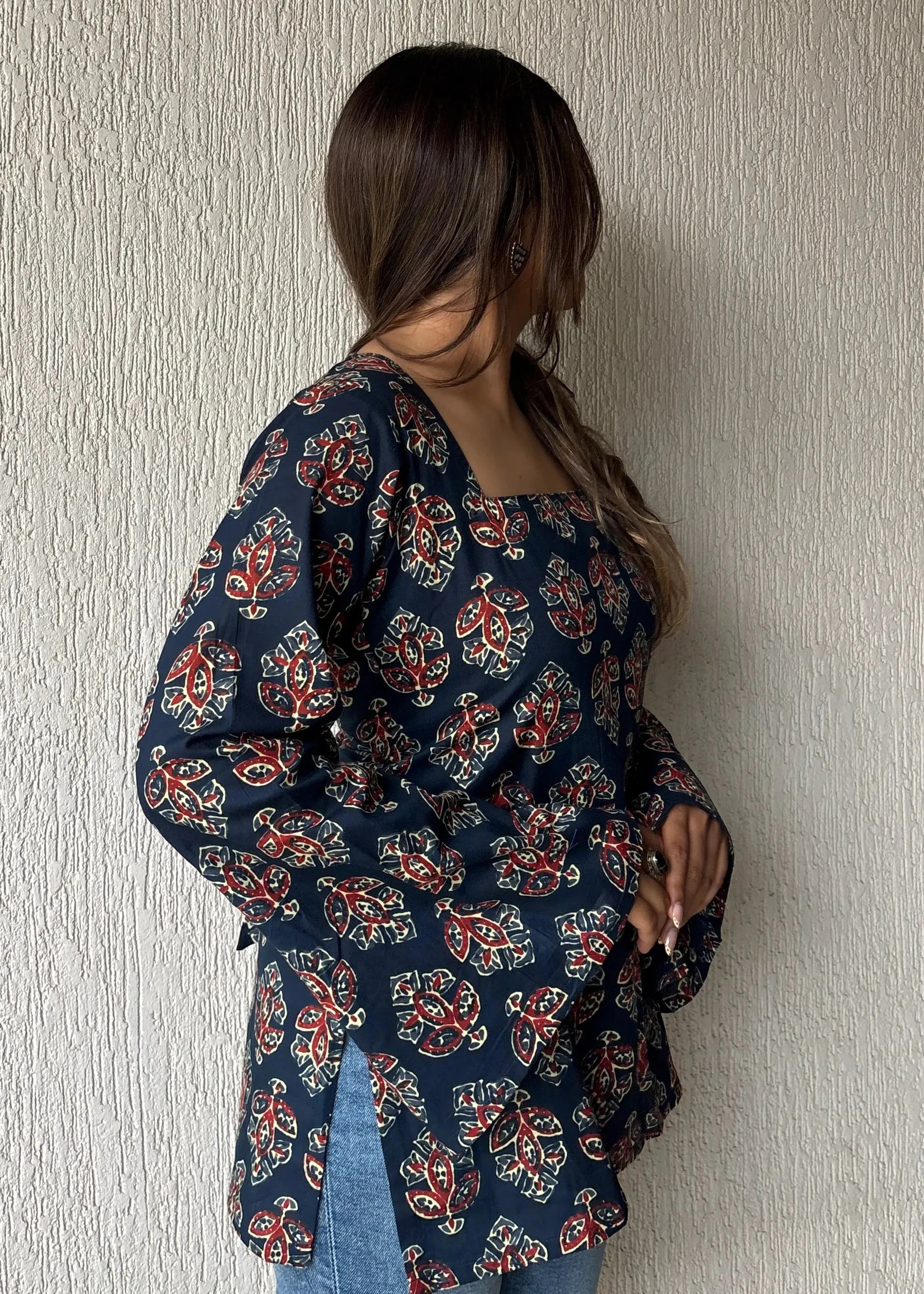 Navy blue square neck short kurti