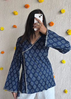 Navyblue Bandhani wrap-tie cotton short kurti