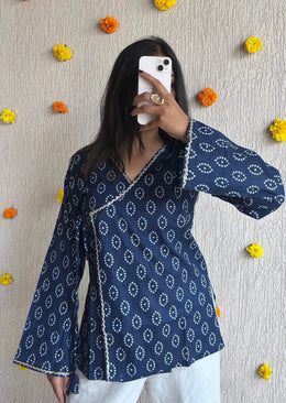 Navyblue Bandhani wrap-tie cotton short kurti