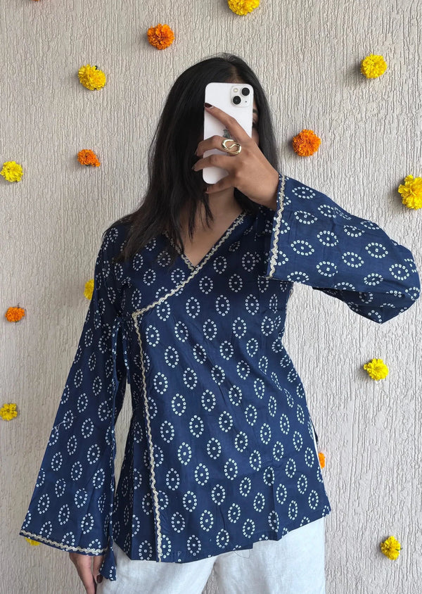 Navyblue Bandhani wrap-tie cotton short kurti