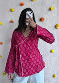 Pink Bandhani wrap-tie cotton short kurti