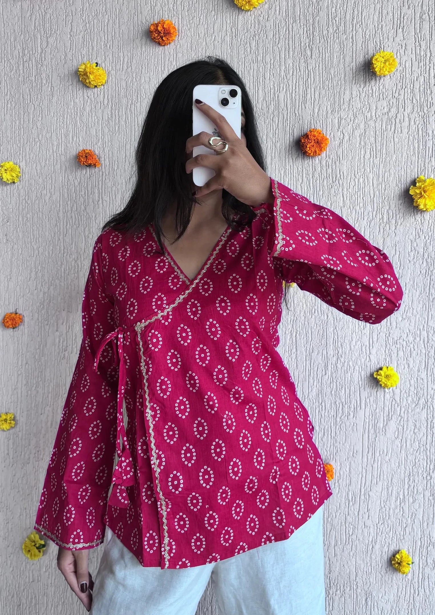 Pink Bandhani wrap-tie cotton short kurti