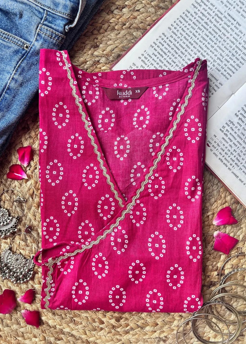 Pink Bandhani wrap-tie cotton short kurti