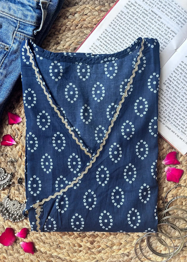 Navyblue Bandhani wrap-tie cotton short kurti