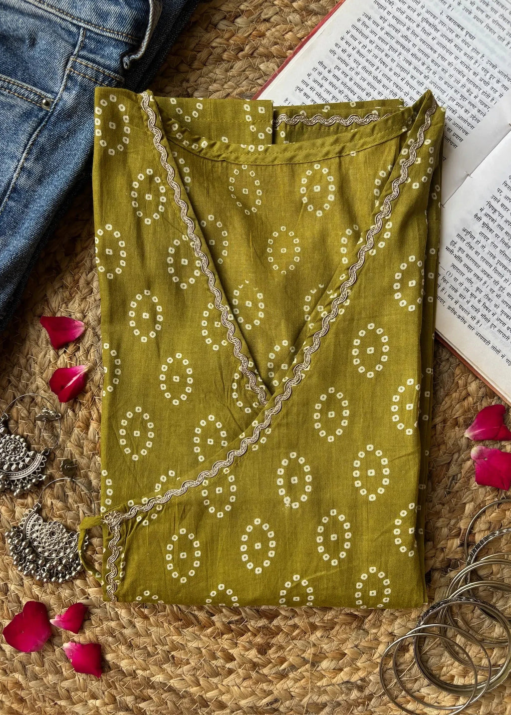 Mehendi Bandhani wrap-tie cotton short kurti