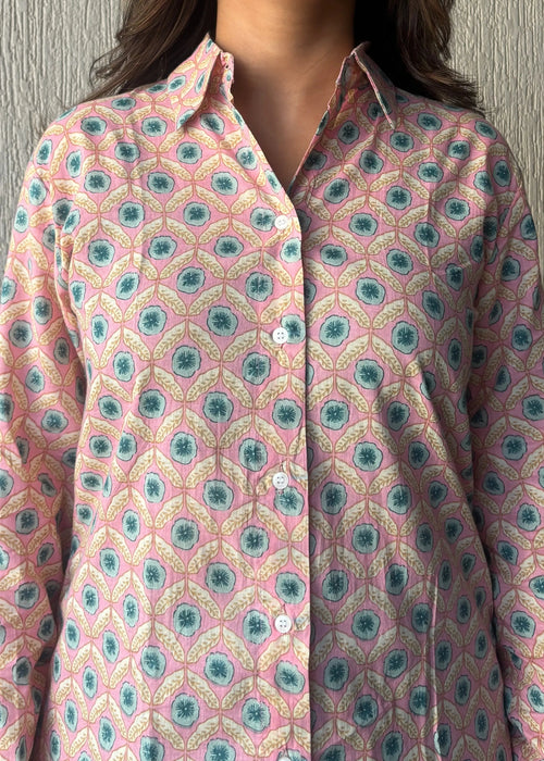 Baby pink geometric cotton shirt
