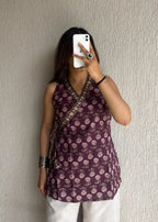 Plum sleeveless wrap-tie cotton short kurti