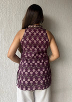 Plum sleeveless wrap-tie cotton short kurti