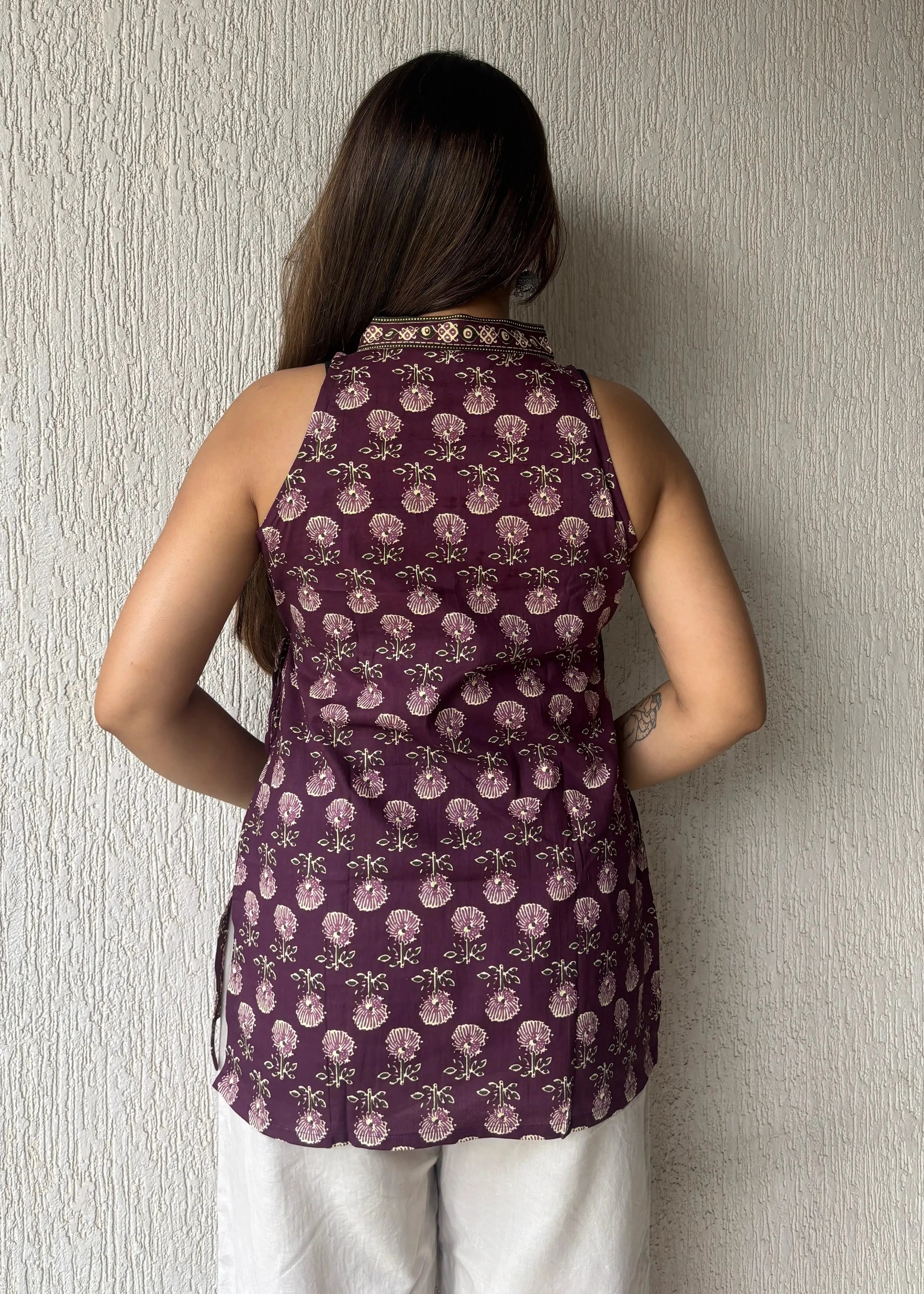 Plum sleeveless wrap-tie short kurti