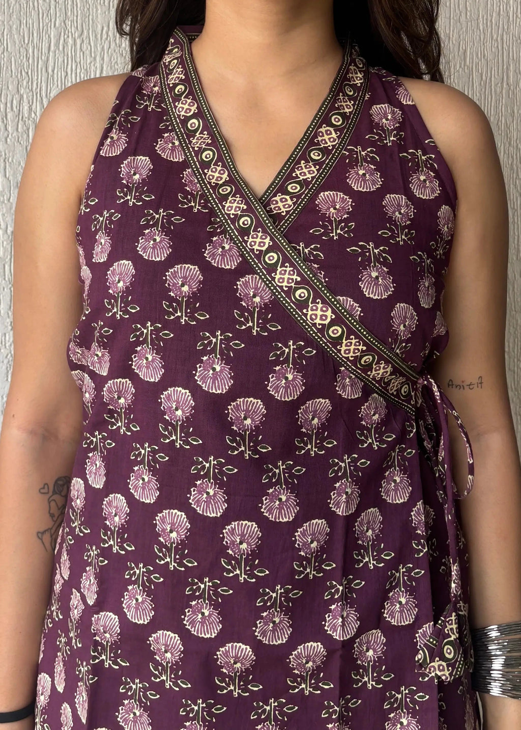 Plum sleeveless wrap-tie cotton short kurti