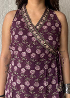 Plum sleeveless wrap-tie cotton short kurti