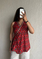 Red sleeveless wrap-tie cotton short kurti