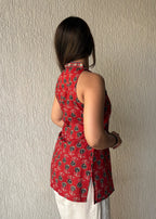 Red sleeveless wrap-tie cotton short kurti