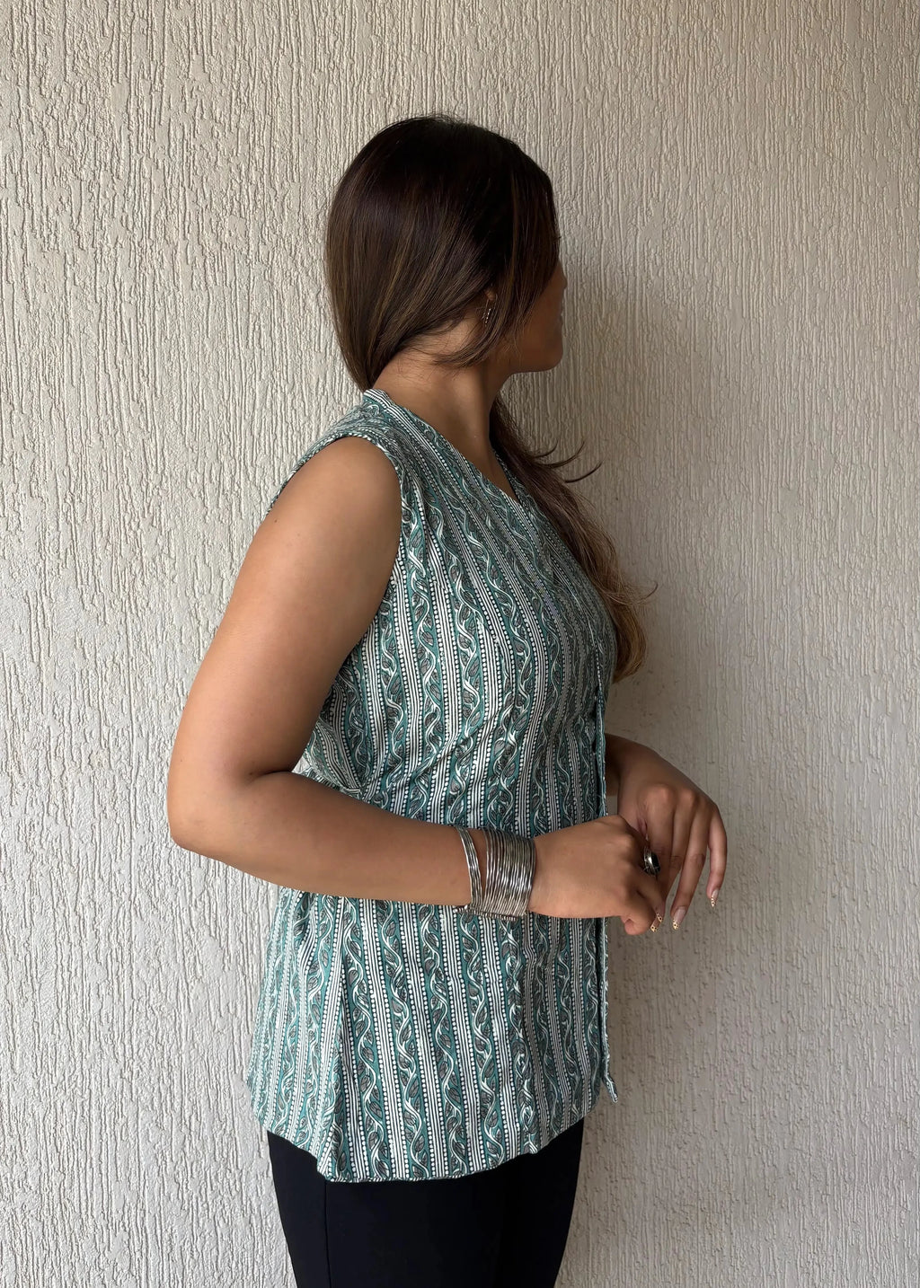 Teal stripes long vest cotton