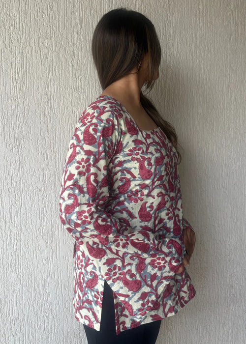 Berry square neck cotton short kurti