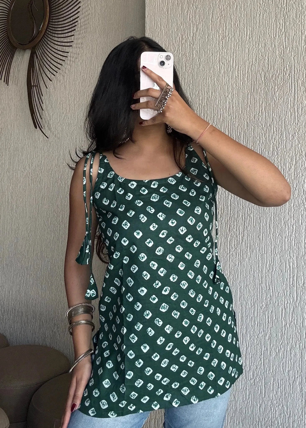 Green tara spaghetti strap cotton short kurti