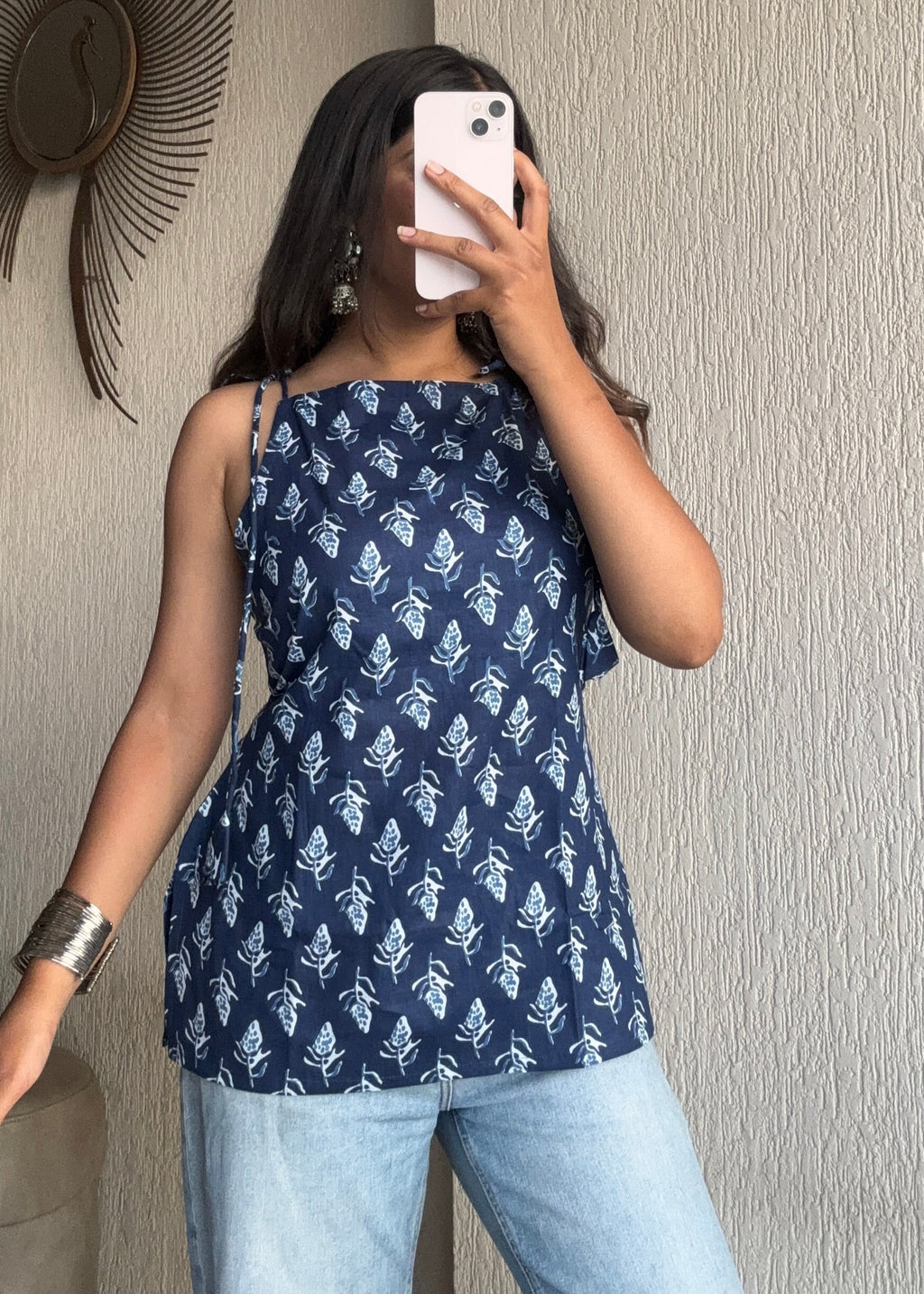 Blue motif spaghetti strap short kurti