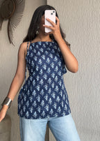 Blue motif spaghetti strap cotton short kurti